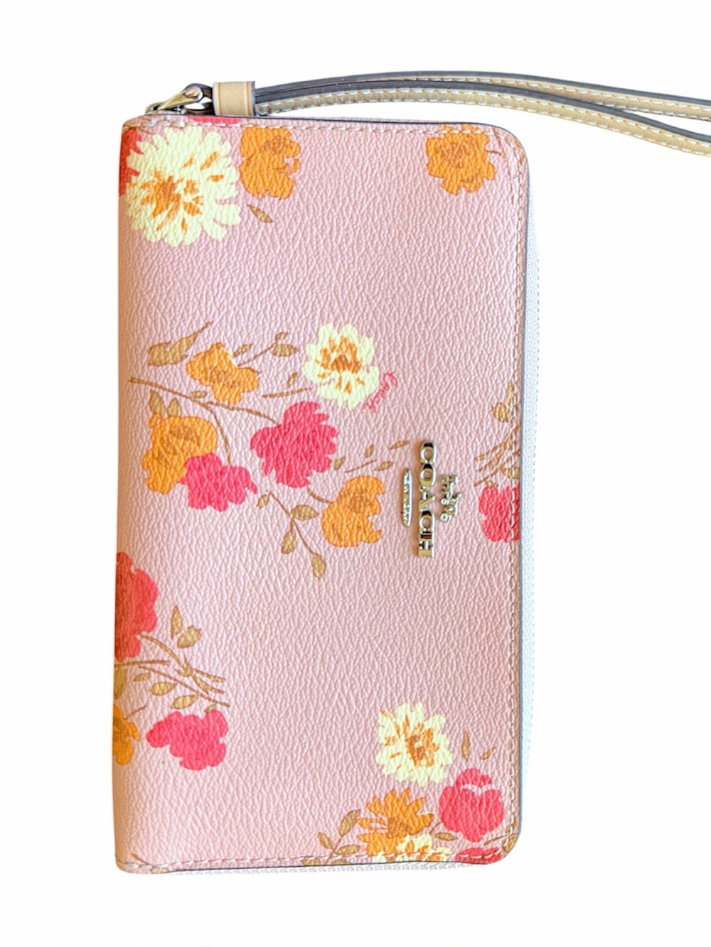 COACH rose bouquet blossom full zip leather wristlet wallet pink, 7.5"x4"x1"